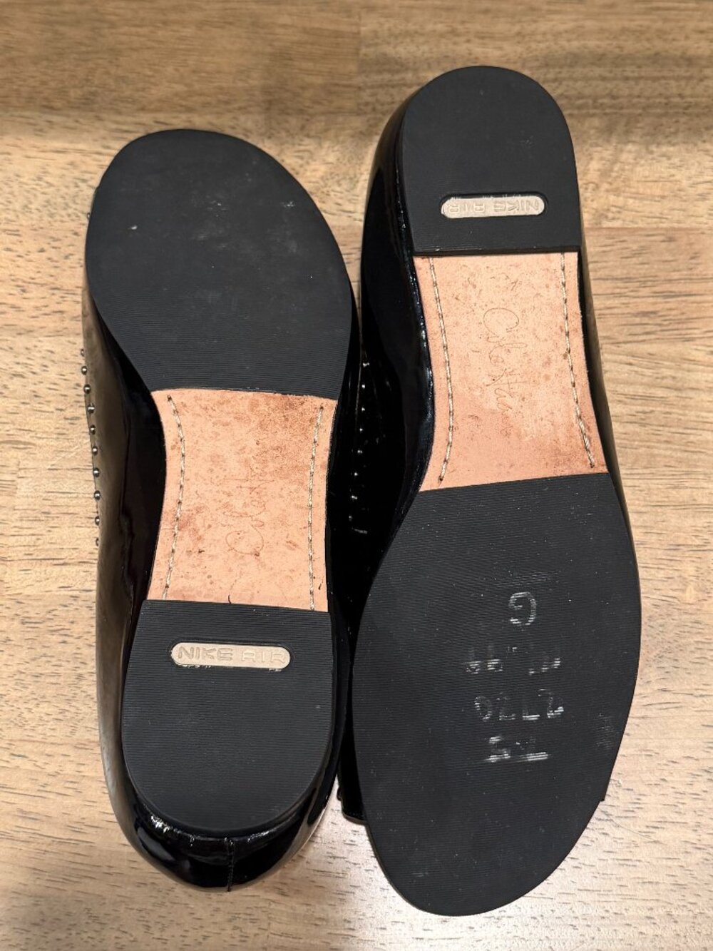 Cole Haan Black Patent Leather Studded Open Toe Flats w/ Nike Air 7.5 - Picture 8 of 8